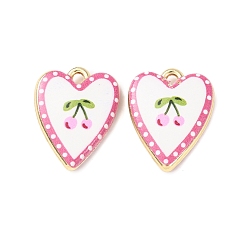 Pink Двусторонние печатные подвески из сплава, подвески в виде сердца с вишневым узором, стойки покрытие, розовые, 19.5x15.5x4 мм, отверстие : 1.5 мм