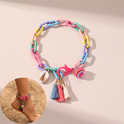 Разноцветный Браслеты на ногу из сплава в форме ракушки, украшенные стеклянными бусинами, для пляжной вечеринки, золотые, красочный, 11~12-1/4 дюйм (280~310 мм)