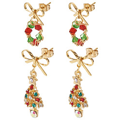 Couleur Mélangete 2 paires 2 styles boucles d'oreilles pendantes en alliage de verre avec nœud papillon et couronne et arbre de Noël, avec strass, avec des conclusions de boucle d'oreille en laiton, or, couleur mixte, 20~33x14.5~15mm