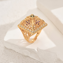 Золотой Латунные микропаве кубические цирконии геометрические полые регулируемые кольца для женщин, золотые, 22 мм, внутренний диаметр: регулируемый