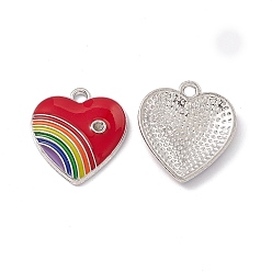 (123L) Белый крем непрозрачный блеск Кулон эмали сплава, со стразами, сердце с радужным шармом, платина, огнеупорный кирпич, 20x18x3.5 мм, отверстие : 2 мм