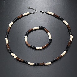 Кокосово-Коричневый Комплекты ожерелий и браслетов из скорлупы кокоса в стиле бохо с синтетической бирюзой в форме ронделей, кокосового коричневый, 400~500 мм