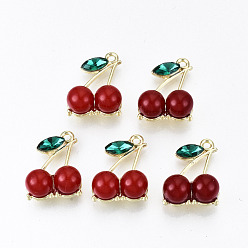 Light Gold Gestelllegierungsanhänger, mit abs-Kunststoffimitatperle, Emaille mit Glas, Cadmiumfrei und Nickel frei und Bleifrei, rote Kirsche, Licht Gold, 3 mm, Bohrung: 21x16.5x10 mm
