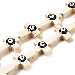 Желтая Старая Ткань  Нити синтетических бирюзовых эмалевых бусин, Религиозный крест с черным сглазом, старое кружево, 16x12.5x5 мм, отверстие : 1.4 мм, около 24 шт / нитка, 14.96'' (38 см)