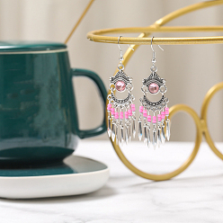 Ярко-Розовый Плоские круглые серьги-люстры в стиле бохо из сплава, стразов и стеклянных бусин, античное серебро, ярко-розовый, 90 мм