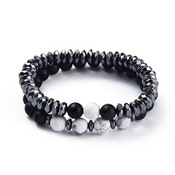 Howlite Natural Howlite Beads Stretch Bracelet Sets, with Non-magnetic Synthetic Hematite Beads, Natural Black Agate(Dyed) Beads and Burlap Drawstring Bags, 1-7/8 inch~2 inch(4.8~5.1cm), 2pcs/set