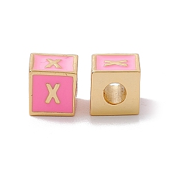 Letter X Стойки покрытие латунь эмаль бисер, без кадмия, без никеля и без свинца, реальный 18 k позолоченный, куб с письмом, розовый жемчуг, letter.x, 6x6x6 мм, отверстие : 2.5 мм