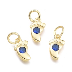 Морской Синий Латунные микро проложить кубического циркония подвески, с целью перехода в кольце, детская ножка, реальный 18 k позолоченный, Marine Blue, 10.5x6x2.2 мм, Кольцо: 5x0.8 mm, отверстие : 3 мм