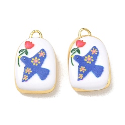 Royal Blue Printed Brass Pendants, Arch & Bird & Flower Pattern Charms, Rack Plating, Long-Lasting Plated, Lead Free & Cadmium Free, Real 18K Gold Plated, Royal Blue, 21x13.5x5.5mm, Hole: 3x2mm