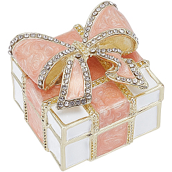 Sandy Brown Square Bowknot Alloy Enamel with Crystal Rhinestone Jewelry Magnetic Storage Boxes, Golden, Sandy Brown, 4.5x4.5x3.9cm