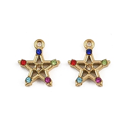 Настоящее золото 18K 304 подвески из нержавеющей стали, с красочными горный хрусталь, ионное покрытие (ip), звезда очарование, реальный 18 k позолоченный, 12.5x11x2.5 мм, отверстие : 1 мм