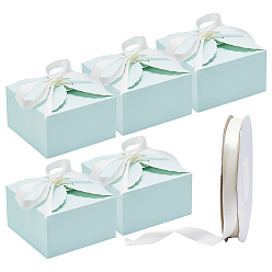 Pale Green Paper Cardboard Jewelry Boxes, with Polyester Ribbon, Pale Green, Box: 9x9x5cm, 20pcs
