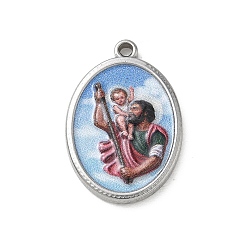 Нержавеющая Сталь Цвет 304 Подвески из нержавеющей стали с религиозным принтом, овальные подвески с узором Святого Христофора, цвет нержавеющей стали, 23.5x16x3 мм, отверстие : 1.8 мм