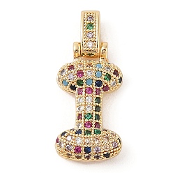 Letter I Латунные микро проложить кубического циркония подвески, реальный 18 k позолоченный, Буква "i", 23x13x6 мм, отверстие : 5x3 мм