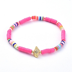 Camellia Handmade Polymer Clay Heishi Bead Stretch Bracelets, with Conch Shape Brass Clear Cubic Zirconia Beads and Round Brass Beads, Camellia, 2-1/4 inch(5.7cm)