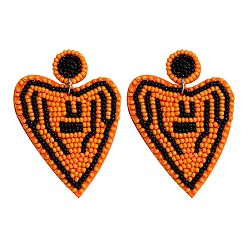 Темно-Оранжевый Сплав мотаться серьги стержня, со стеклянным бисером, сердце, темно-оранжевый, 43x61 мм