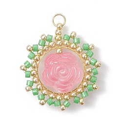 Pink Подвески-цветы из стеклянных бус, со стеклом и 304 кольцом для прыжков из нержавеющей стали, реальный 18 k позолоченный, розовые, 25.5x23.5x8 мм, отверстие : 2.5 мм