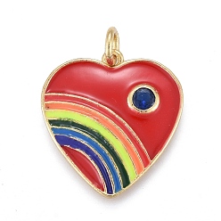 Красный Латунные микро проложить кубического циркония подвески, с эмалью, реальный 18 k позолоченный, сердце с радугой, красные, 19x18x2 мм, отверстие: 3 мм, переходные кольца: 5x1 мм