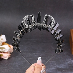 Black Hollow Moon Metal Crown Hair Bands, Raw Natural Quartz Crystal Wrapped Hair Hoop for Women Girl, Antique Silver, Black, 180x150x20mm