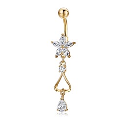 Transparent Piercing-Schmuck, umweltfreundlicher kubischer Zirkiona-Nabelring aus Messing, Bauchringe, mit 304 Edelstahlleiste, Herzen und Blumen, Transparent, 48 mm, Anhänger: 24x12 mm, Stange: 15 Spurweite(1.5mm), Stangenlänge: 3/8"(10mm)