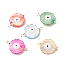 Mixed Color Natural Freshwater Shell Connector Charms, with Enamel and Real 18K Gold Plated Tone Copper Wire Loops, Dyed, Flat Round with Evil Eye, Mixed Color, 37.5x25x6mm, Hole: 3.5~4mm