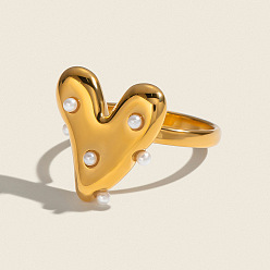 Real 18K Gold Plated Heart 304 Stainless Steel Finger Rings for Women, with Imitation Pearl, Real 18K Gold Plated, 19mm, US Size 7 1/4(17.5mm)
