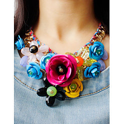 Фуксиновый Модные преувеличенные ожерелья-нагрудники из поликоттона и акрила с цветочным узором для женщин, золотые, красно-фиолетовые, 18.11 дюйм (46 см)