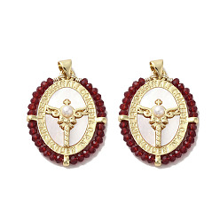 Dark Red Brass Pave Shell Pendants, Oval Charms with Glass Beads Wrapped and ABS Imitation Pearl Beads, Real 18K Gold Plated, Dark Red, 31~32x23.5x4.5mm, Hole: 3.5x4.5mm