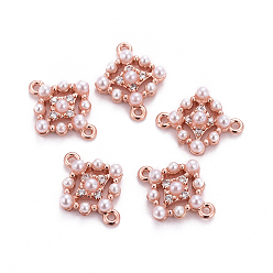 Rose Gold Brass Micro Pave Cubic Zirconia Links connectors, with Plastic Imitation Pearl, Rhombus, Rose Gold, 10x12.5x3mm, Hole: 0.8mm