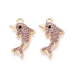 Розовый Подвески из сплава со стразами, дельфин, без кадмия, без никеля и без свинца, золотые, светло-розовый, 21.5x13x4 мм, отверстие : 1.6 мм