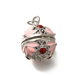 Pink Подвески из латуни с эмалированными бусинами, без кадмия и без свинца, долговечный, стойки покрытие, круглые с цветочным узором, розовые, 23x18x21 мм, отверстие : 4.4 мм