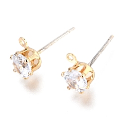 Real 14K Gold Plated Brass Micro Pave Clear Cubic Zirconia Stud Earring Findings, with 925 Sterling Silver Pins and Loop, Long-Lasting Plated, Real 14K Gold Plated, 15.5x5.7x7mm, Hole: 0.9mm, Pin: 0.7mm