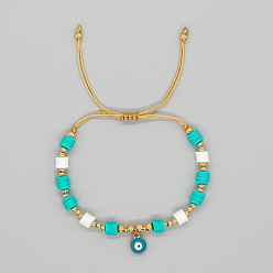 Evil Eye Браслеты с подвесками из латунных круглых бусин, плетеные браслеты из бусин хейши из полиэфирной глины для женщин, со сплавом, злые глаза