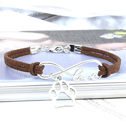 Кокосово-Коричневый Браслеты с подвесками в виде бесконечности, отпечатка лапы и слова «любовь» из сплава с замшевым шнуром, платина, кокосового коричневый, 6-3/4 дюйм (17 см)