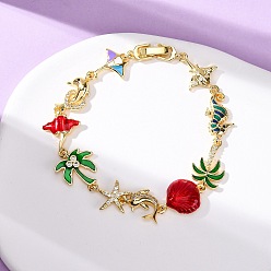 Shell Shape Браслеты из латуни с кубическим цирконием и эмалевыми звеньями на морскую тематику для женщин, золотые, красочный, формы раковины, 7-1/2 дюйм (19 см), ссылка: 14.5~19.5x10.5~14.5x1.5~2.5 mm