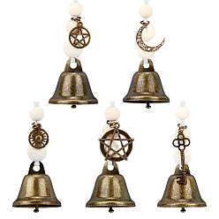 Mixed Shapes 5 шт. 5 наборы железных колокольчиков подвесных украшений, Подвеска из круглой бусины из дерева и макраме из хлопкового шнура и сплава для украшения стены дома, двери, разнообразные, 195~200 мм, 1 шт / стиль