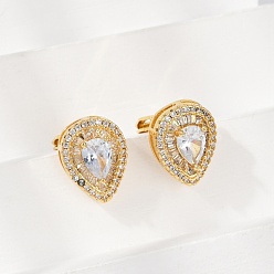 Teardrop Серьги-клипсы из латунного микро-паве с прозрачными фианитами, без свинца и без кадмия, долговечный, реальный 18 k позолоченный, слеза, 15x11.5 мм