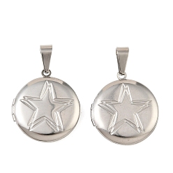 Нержавеющая Сталь Цвет 316 подвески из нержавеющей стали Locket, плоский круглый с шармом в виде звезды, с 304 защелкой из нержавеющей стали на поручнях, цвет нержавеющей стали, 30.5x27.5x5.5 мм, отверстие : 10.5x4.5 мм, внутренний диаметр: 20.5 мм