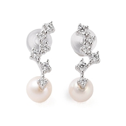Platinum 925 Sterling Silver Studs Earring, with Cubic Zirconia and Natural Pearl, Branch, Platinum, 16.5x5mm