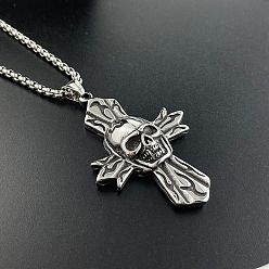 Нержавеющая Сталь Цвет 304 Мужской кулон-крест в стиле панк-готика из нержавеющей стали, винтажное ожерелье с черепом, цвет нержавеющей стали