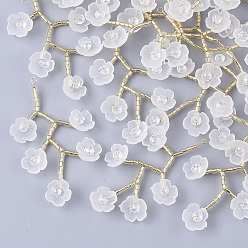 WhiteSmoke Acrylic Big Pendants, with Clear Glass Beads, Glass Seed Beads and Golden Plated Brass Wires, Flower, WhiteSmoke, 55~60x30~35mm, Hole: 2mm