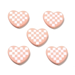 Pink Abalorios de acrílico opacos, con esmalte, corazón con patrón de tartán, rosa, 21x25x5 mm, agujero: 1.6 mm