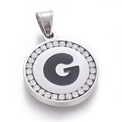 Letter G 304 Stainless Steel Enamel Pendants, with Cubic Zirconia, Flat Round with Letter, Stainless Steel Color, Clear, Letter.G, 29x25x3mm, Hole: 5.5x8.5mm