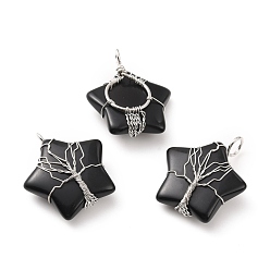Obsidian Natural Obsidian Pendants, with Platinum Tone Copper Wire Wrapped, Cadmium Free & Lead Free, Star, 34~37.5x29~31x10~12mm, Hole: 5~6mm