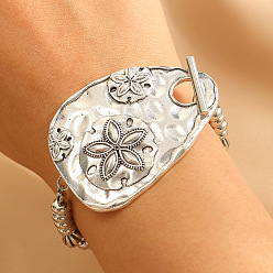 Античное Серебро Браслеты из текстурированного цинкового сплава, Эластичные браслеты из дисковых бусин для женщин, слезинка с цветочным узором, античное серебро, 7.24 дюйм (18.4 см)