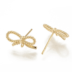 Real 18K Gold Plated Brass Stud Earrings, with Loop, Bowknot, Nickel Free, Real 18K Gold Plated, 14x9mm, Hole: 1mm, pin: 0.7mm