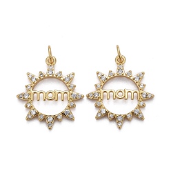 Настоящее золото 18K Латунные микропаве прозрачные подвески с фианитом, с прыжковых колец, долговечный, день матери, солнце со словом мама, реальный 18 k позолоченный, 21x19x2 мм