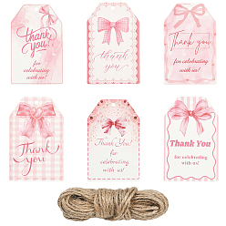 Pink Бумажный прямоугольник с бантом, с пеньковой веревки, для праздничных украшений, розовые, 85x55x0.5 мм