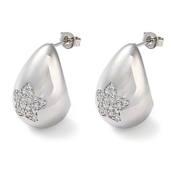 Platinum Teardrop with Star Brass Micro Pave Clear Cubic Zirconia Stud Earrings, Long-Lasting Plated, Lead Free & Cadmium Free, Platinum, 21x14mm