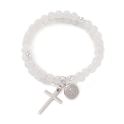 Синий Кружевый Агат Браслеты из двух нитей с бусинами из натурального окрашенного голубого кружевного агата, 201 женские браслеты с подвесками из нержавеющей стали, крест и плоский круг со святым Бенедиктом, внутренний диаметр: 1.93 дюйм (4.9 см)
